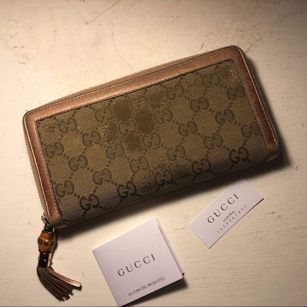GUCCI 🌼 Authentic Vintage Brown/Pink GG Link Zip Around Wallet Multi Pockets